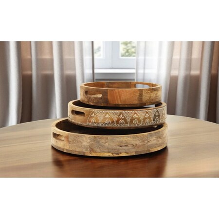 Homeroots Set of Three Natural Round Solid Wood Floral Indoor Outdoor Handmade Serving Tray With Handles 526351