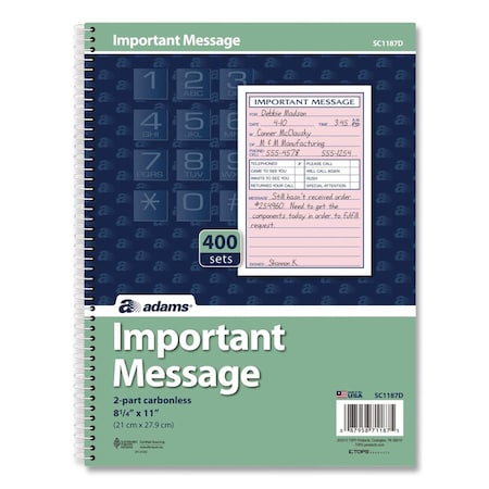 Adams Business Forms Important Message Book, Two-Part Carbonless, 4 Forms/Sheet, 400 Forms Total SC1187D