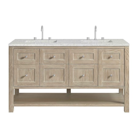 James Martin Vanities Breckenridge 60'' D Vanity, Whitewashed Oak, w/ Jasmine Pearl Quartz Top w/ Wireless Charger 330-V60D-WWO-FEJP