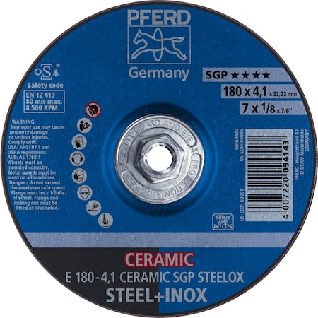 Pferd 7'' x 1/8 Grinding Wheel, 5/8-11 Thd. - CERAMIC SGP STEELOX - Type 27 60096
