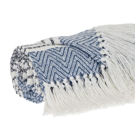 Homeroots Blue Woven Cotton Striped Throw Blanket 478685