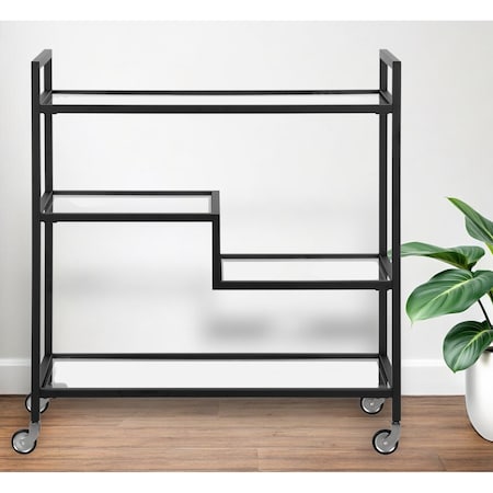 Homeroots Black Steel And Glass Rolling Bar Cart 530449