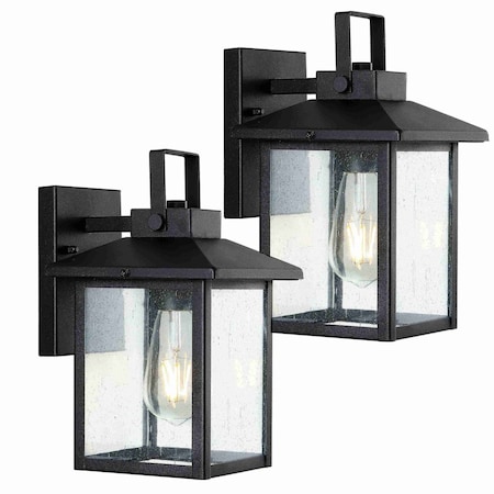 Jonathan Y Bungalow 6.75" 1-Light Iron/Seeded Glass Rustic Traditional Lantern LED Outdoor Sconce, Black, 2PK JYL7608A-SET2