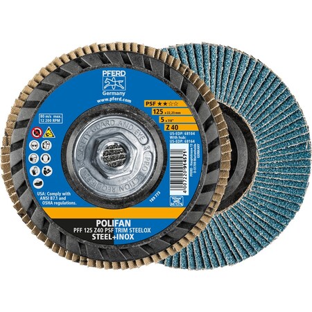 Pferd 5'' x 5/8-11 Thd. POLIFAN Flap Disc - Z PSF TRIM STEELOX, Zirconia, 40 Grit, Flat 68164