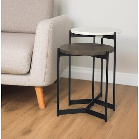 Homeroots Set of Two Dark Brown and Black Marble Solid Wood and Metal Round Nested Tables 604467