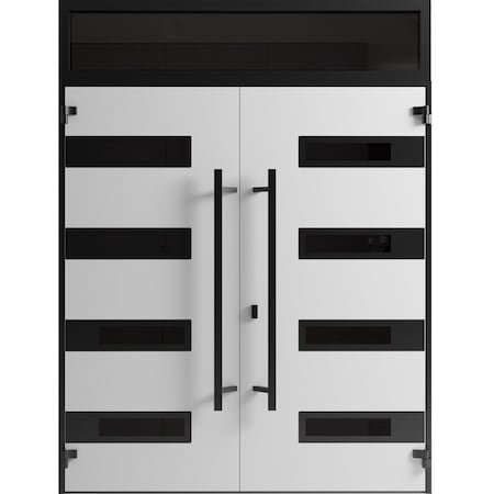 Vdomdoors Front Exterior Prehung Aluminum Double Doors Ronex0131 Grey Top Transom Mirrored Clear Glass Entry RONEX0131DEXD-GRE-W72xH96+12-RH-I
