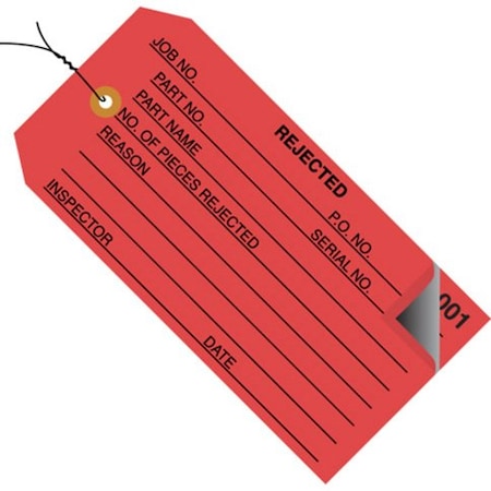 Partners Brand Inspection Tags, 2 Part, Numbered 001-499, Pre-Wired, "Rejected", 4 3/4" x 2 3/8", Red, PK500 G21023