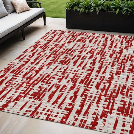 Homeroots 5' X 8' Red And Ivory Abstract Washable Indoor Outdoor Area Rug 602516