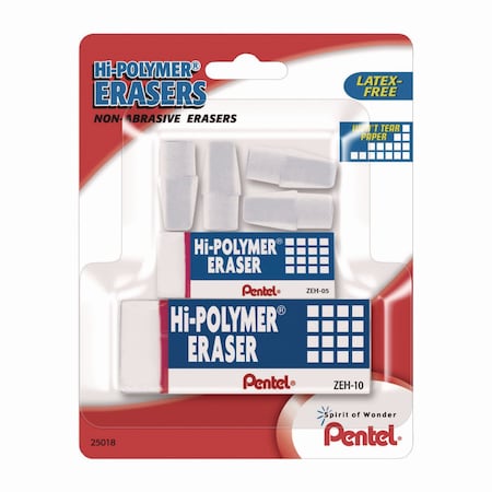 Pentel Hi-Polymer Eraser Assortment, 4 Pencil Caps/1 Large Block/1 Small Block, White, 6PK ZEH2510BP