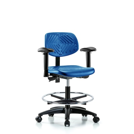 Blue Ridge Ergonomics Poly Chair, Med Bench, Tilt, Arms, Foot Ring, Casters, Blue BR-PMBCH-RG-T1-A1-CF-RC-BLU