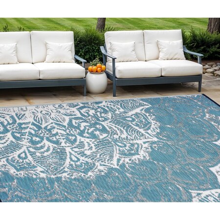 Homeroots 8' X 10' Teal Blue Floral Indoor Outdoor Area Rug 555575