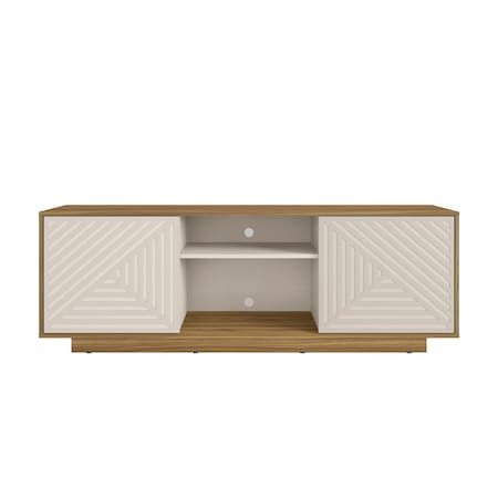Homeroots 63in Oak And White Ribbed Texture Wood Enclosed and Open Storage TV Stand 724162