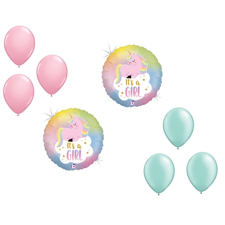 Loonballoon Unicorn Theme Balloon Set, 2x It's A Girl Unicorn Holographic Balloon and 6x latex balloons 84816