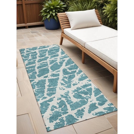 Homeroots 8' Runner Teal Abstract Washable Non Skid Indoor Outdoor Runner Rug 559326