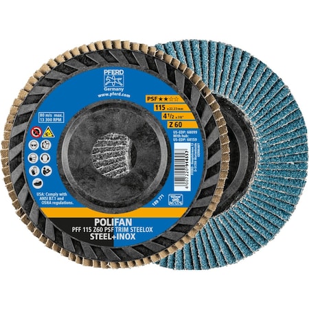 Pferd 4-1/2'' x 7/8'' A.H. POLIFAN Flap Disc - Z PSF TRIM STEELOX, Zirconia, 60 Grit, Flat 68099