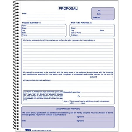 Tops Products TOPS, Spiralbound Proposal Form Book, 8 1/2 X 11, Two-Part Carbonless, 50PK 41850