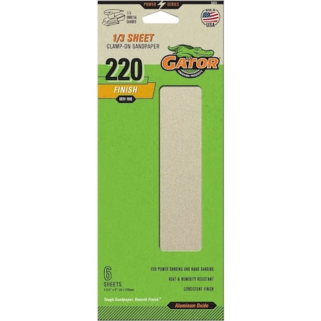 Gator Sanding Sheet, 3-2/3 in W, 9 in L, 220 Grit, Extra Fine, Aluminum Oxide Abrasive, Paper Backing 5040