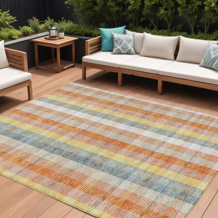 Homeroots 10' X 14' Peach Ivory And Orange Plaid Washable Indoor Outdoor Area Rug 613986