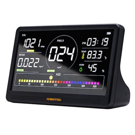 Powertec Air Quality Monitor 7 in LCD Display, Multi-Sensor CO₂, PM2.5, PM10, HCHO, TVOC Detector AD1001