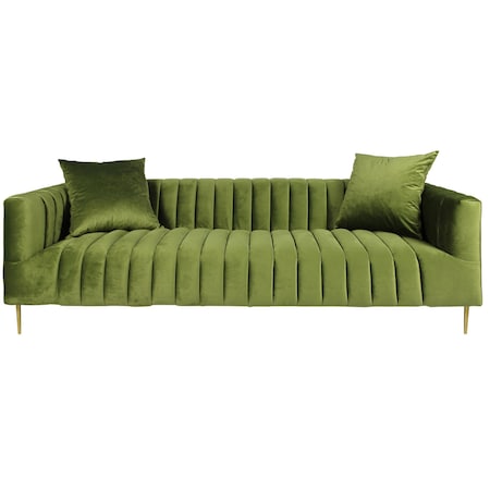 Homeroots 90" Olive Green Velvet Sofa And Toss Pillows With Gold Legs 489537