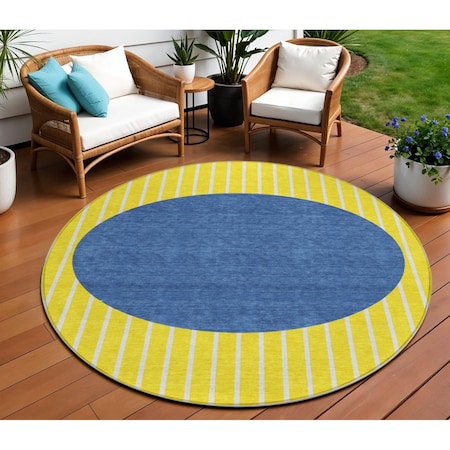 Homeroots 8' Yellow And Blue Round Striped Washable Indoor Outdoor Area Rug 597213