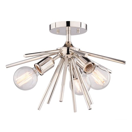 Vaxcel Estelle 3-Light 17 in W Polished Nickel Mid-Century Modern Sputnik Semi Flush Ceiling Fixture C0163R