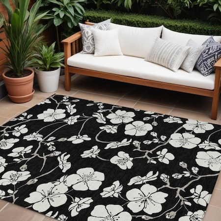 Homeroots 8' X 10' Black Ivory And Gray Floral Washable Indoor Outdoor Area Rug 599865