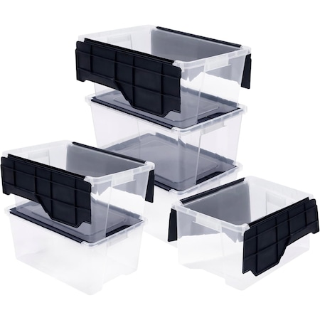 Organize-It 6-Pack 28 Qt Flip-Top Storage Bins - Clear Base, Black Lid, Stackable, 18x12x8, 6PK 606523