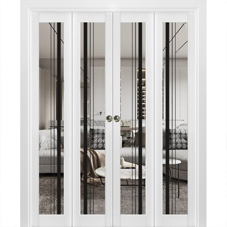 Sartodoors Sliding Closet Double Bi-fold Doors, Lucia 2566 White Silk with Clear Glass and Aluminum Strips, S LUCIA2566DBF-WS-96 x 80 (4* 24x80)