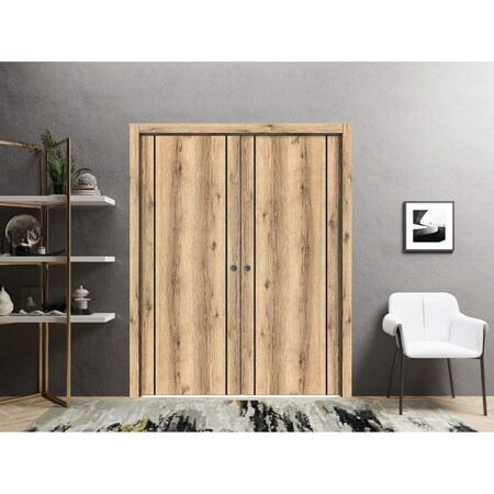 Sartodoors Modern Double Pocket Doors, Planum 0017 Oak and Aluminum Strips, Kit Trims Rail Hardware, Solid Woo PLANUM0017DP-DUB-56