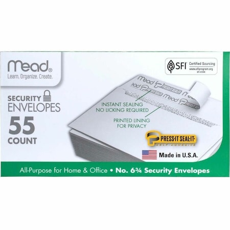 Mead Pressit No 6 Security Envelopes, White, 55PK MEA75030