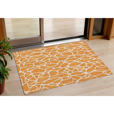Homeroots 3' X 5' Orange And Ivory Geometric Washable Indoor Outdoor Area Rug 599298