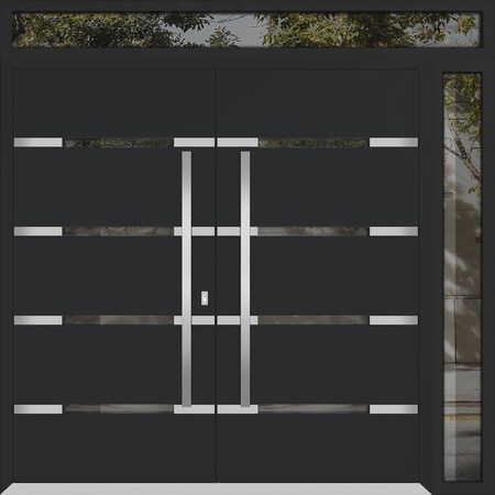 Vdomdoors Metal Double Doors Deux 1105 Black Enamel Mirrored Clear Glass 1 Sidelight and Top Transom Entry Mo DEUX1105DEXD-BLK-W72+12xH96+14-RH-O