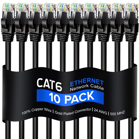 Maximm Cat6 Ethernet Cable 25ft 10Gbps 550MHz UTP, 10PK, Black, 10PK CAT625FT10PKBlack