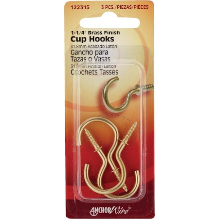 Hillman Anchor Wire 1-1/4'' Brass Large Cup Hook, 3 Count 122315