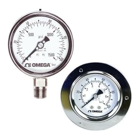 Omega Liquid Fillable Industrial Pressure Gauge, Stainless Steel 1/4 " NPT Male, 0 bar to 11 bar, 1.6 % A PGM-63B-160PSI/11BAR