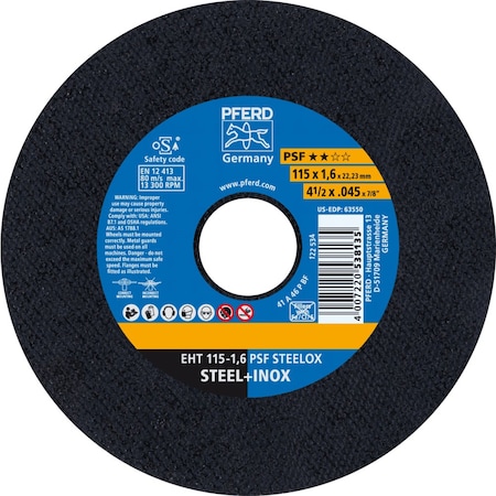 Pferd Cut-Off Wheel, Type 1, 4-1/2 in Dia, 0.045 in Thick, 7/8 in Arbor Hole Size, Aluminum Oxide 63550