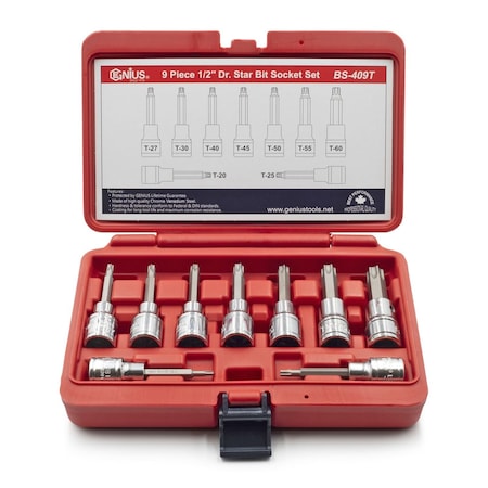 Genius Tools 1/2in Dr. 9 Piece Star Bit Socket Set BS-409T