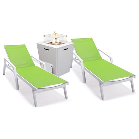 Leisuremod Marlin White Aluminum Patio Chaise Lounge Chair, Arms Set of 2, Square Fire Pit Table, Green MLAWCF21-77G2