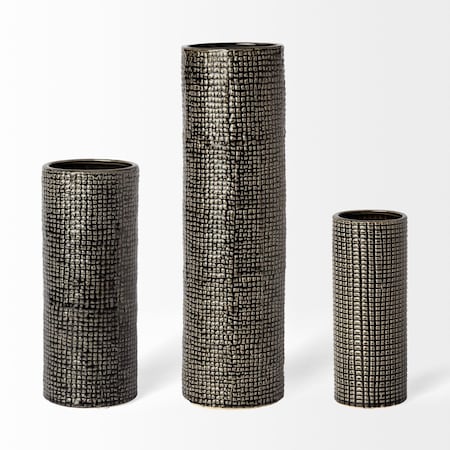 Homeroots 15" Black And Gold Abstract Cylinder Ceramic Table Vase 397491
