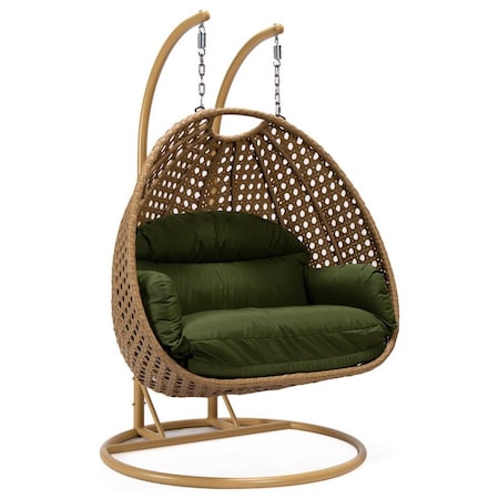 Leisuremod Mendoza Light Brown Wicker Hanging 2 person Egg Swing Chair with Dark Green Cushions MSCLBR-53DG