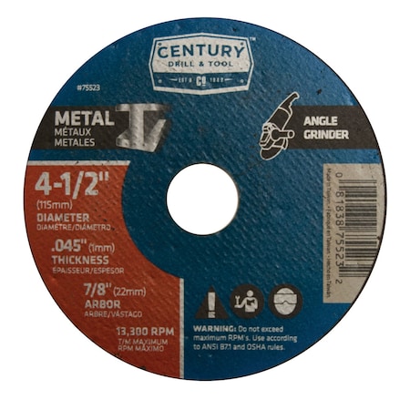 Century Drill & Tool Abrasive Cut-Off Wheel, Type 1A, 4-1/2 in Dia, 0.045 in Thick, 7/8 in Arbor Hole Size, A60T Series 75523