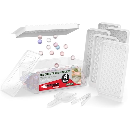 Emporio Kitchen Round Ice Cube Tray Set Pack of 4, BPA-Free, 33 Ice Balls per Tray, Lid & Tongs, White EMPICES34WH