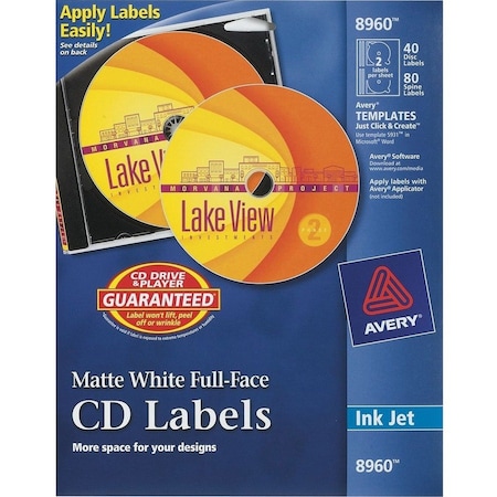 Avery Labels, CD, Inkjet Matte, 40/Labels, 80/Inserts, White 40PK AVE8960