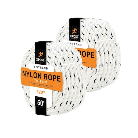 Xpose Safety Nylon Poly Rope, 1/2 in x 50 ft, 3-Strand Braided, Low Stretch, Indoor/Outdoor, 2PK NR12-50-2-X-S