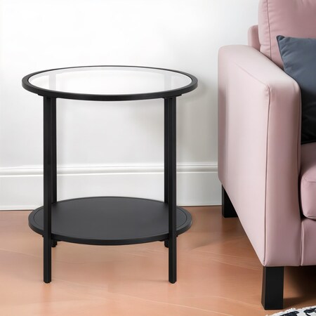 Homeroots 22" Black And Clear Glass And Steel Round End Table With Shelf 544199
