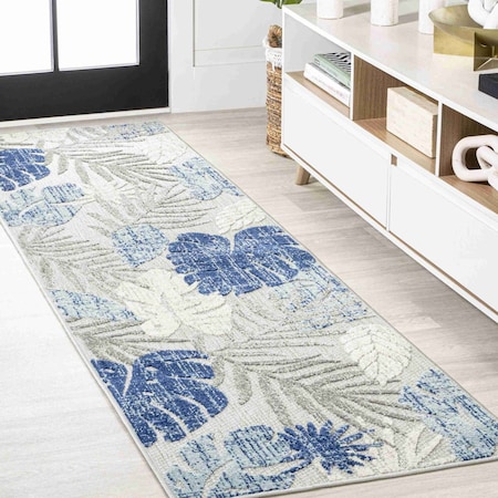 Jonathan Y Monstera Tropical Leaf High-Low Light Gray/Navy 2 ft. x 8 ft. Indoor/Outdoor Runner Rug AMC113A-28