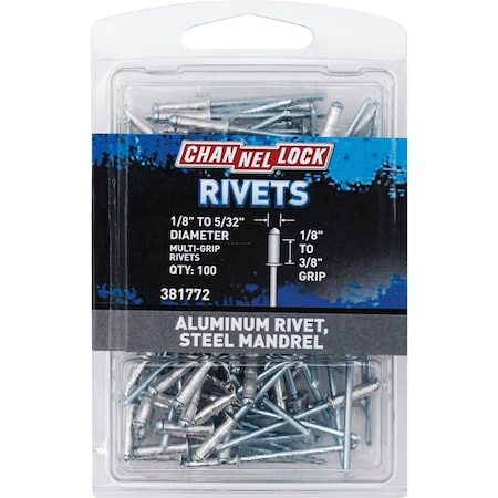 Channellock 1/8'' to 5/32''Dia.x0.157'' to 0.315'' Grip Aluminum Multigrip POP Rivet, 100PK 381772