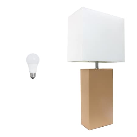 Homeroots 21" Beige Faux Leather Table Lamp LED With White Shade 642951