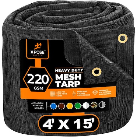 Xpose Safety Heavy Duty Mesh Tarp, 4 ft x 15 ft, 220 GSM, Black, Mesh BMT-415-X